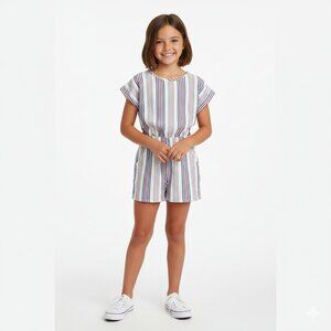 Cat & Jack Girls Striped Romper Size 8 Short Sleeve Pockets Side Cutouts  Spring